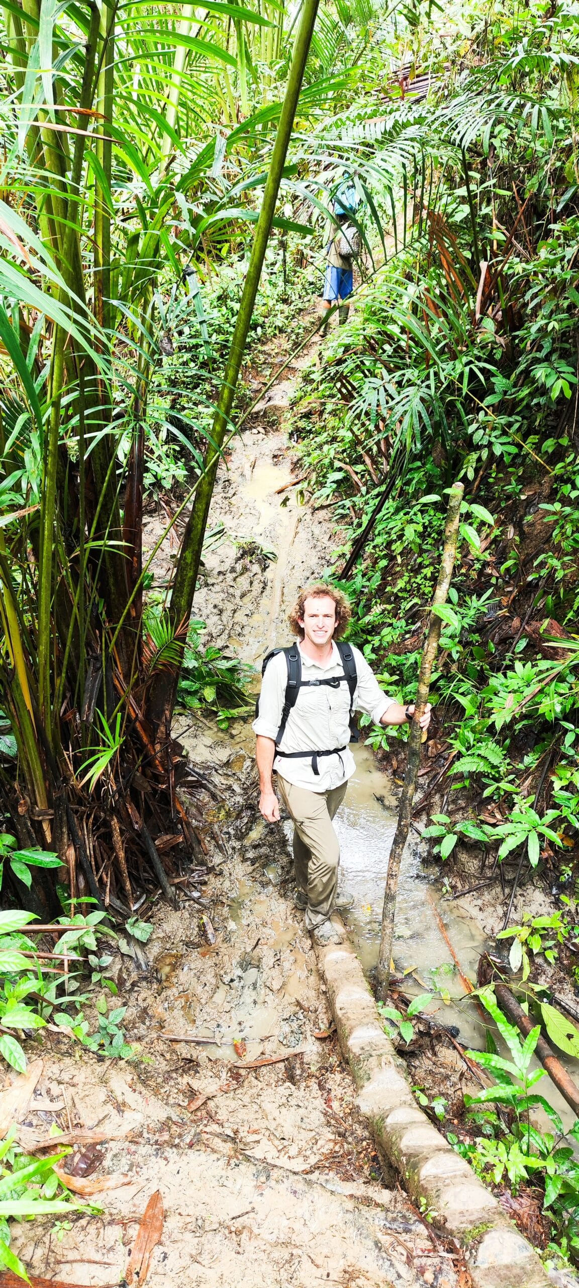 Tour guest trekking a muddy jungle trail with a walking stick in Siberut