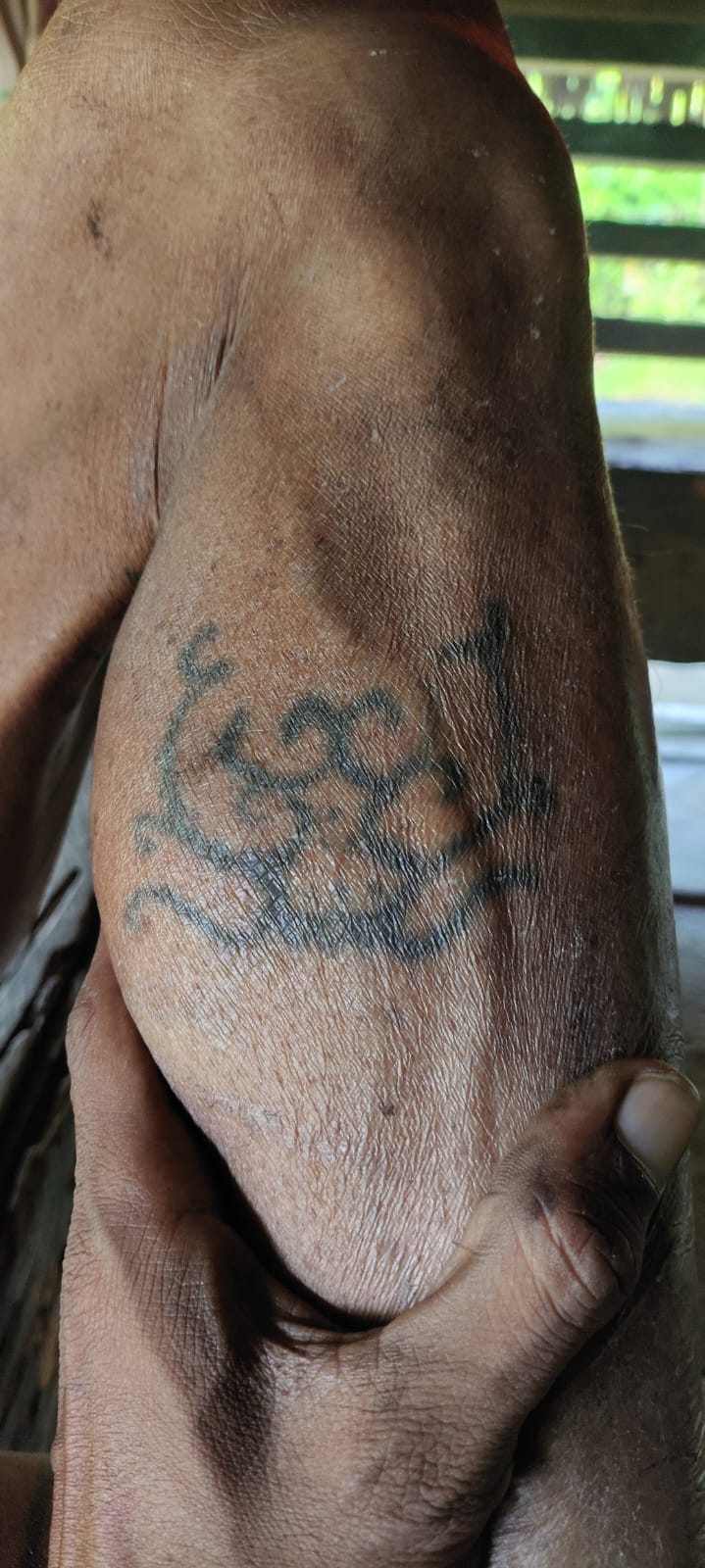 Traditional Mentawai Titi tattoo motif on elbow, close-up